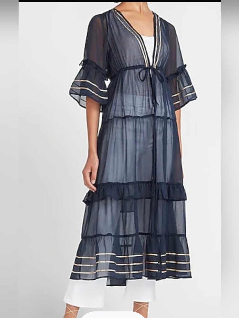 Express Swim  Sheer Metallic KimonoTiered Tie-Front Maxi Dress M.